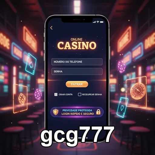 gcg777 mostra tela do aplicativo com login fácil e rápido.