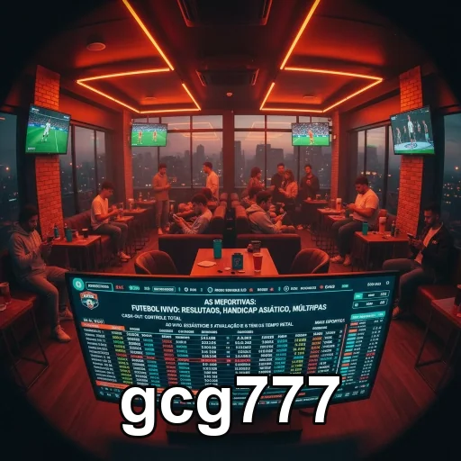 Ambiente do gcg777 com jogadores e telas de apostas em evidência.