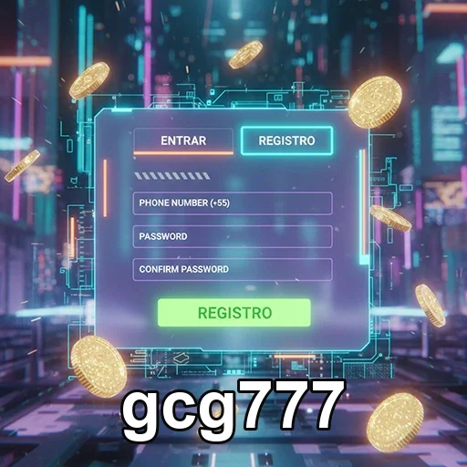 Interface do gcg777 com opções de registro e login rápido.