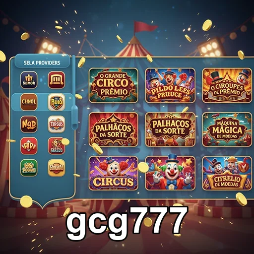 Interface do gcg777 mostrando jogos de slot com temática circense