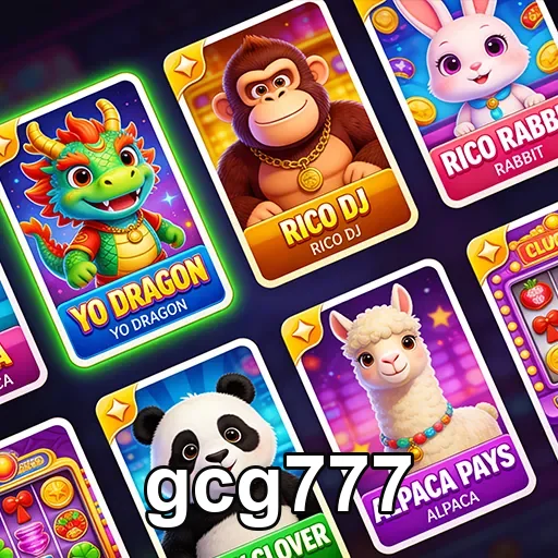 Cartas coloridas de slots da gcg777 com personagens divertidos.