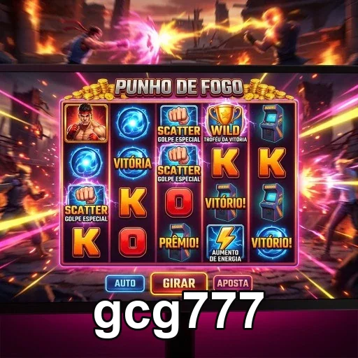 Captura do slot 'Punho de Fogo' na gcg777 com animações vibrantes.