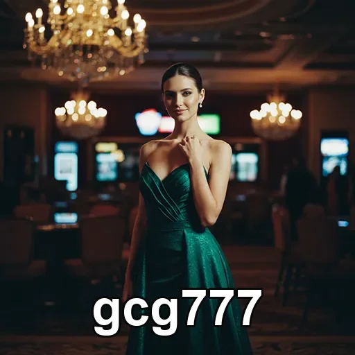 Modelo elegante em cassino da gcg777 com slots ao fundo.